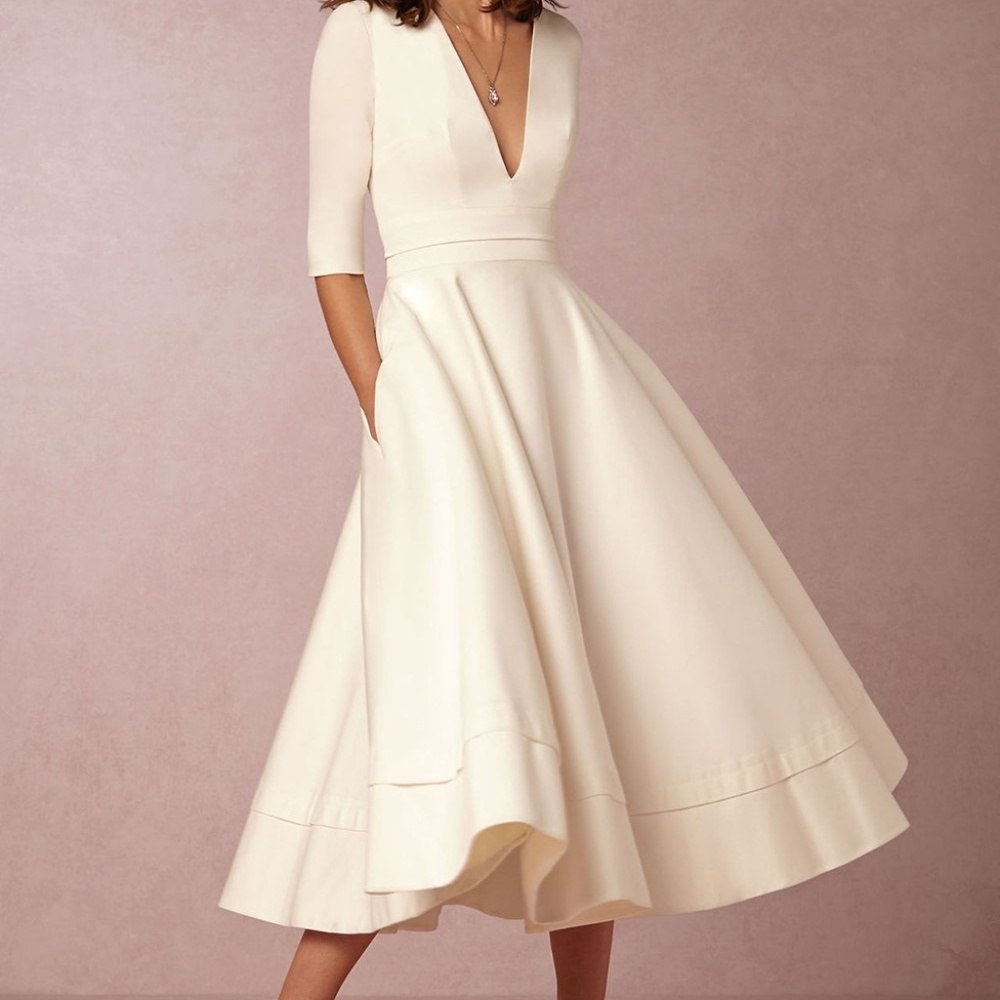 White A-line V Neck Half Sleeve Midi